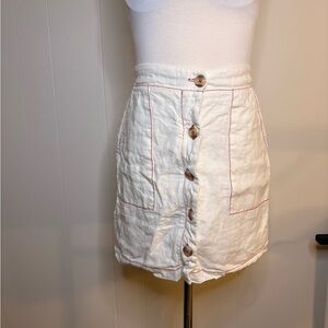 White Linen Mini Skirt with Red Topstitching and Button Front